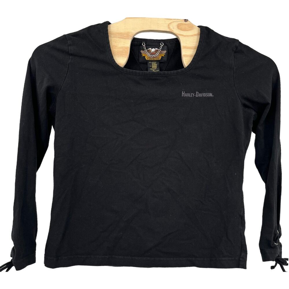 Harley Davidson MotorCycles Lace Up Sleeve Black Long Sleeve Top TShirt Size XL